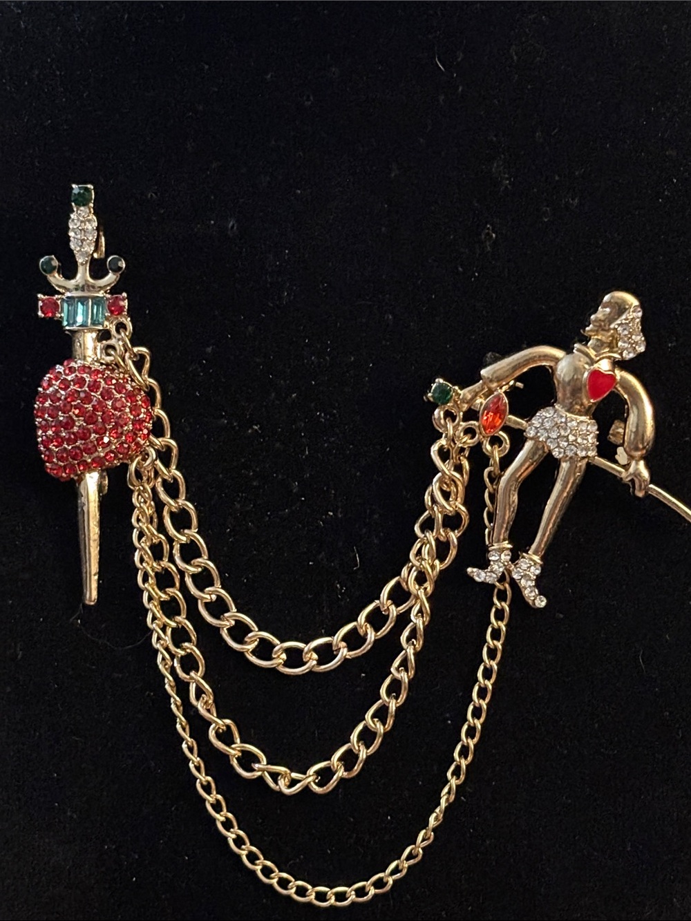 Gold-Tone Prince & Sword Chain Brooch with Red and Green Crystals